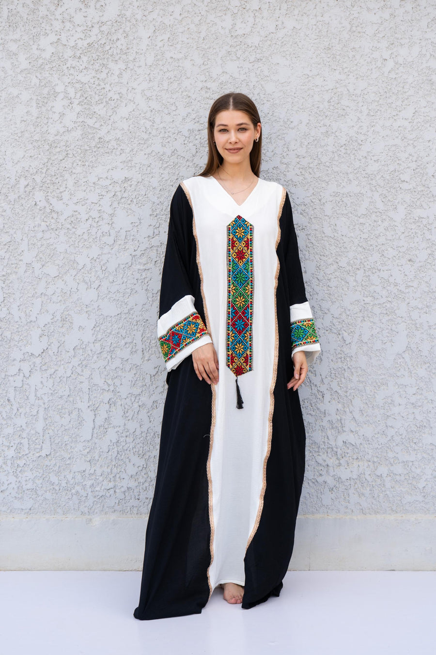 Ethnic Black and White Embroidered Kaftan – Palestinian Style Caftan for Women – Colorful Boho Caftan Dress – Traditional Ethnic Wear Caftan