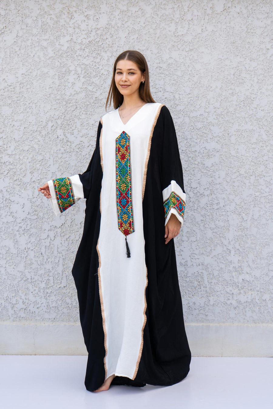 Ethnic Black and White Embroidered Kaftan – Palestinian Style Caftan for Women – Colorful Boho Caftan Dress – Traditional Ethnic Wear Caftan