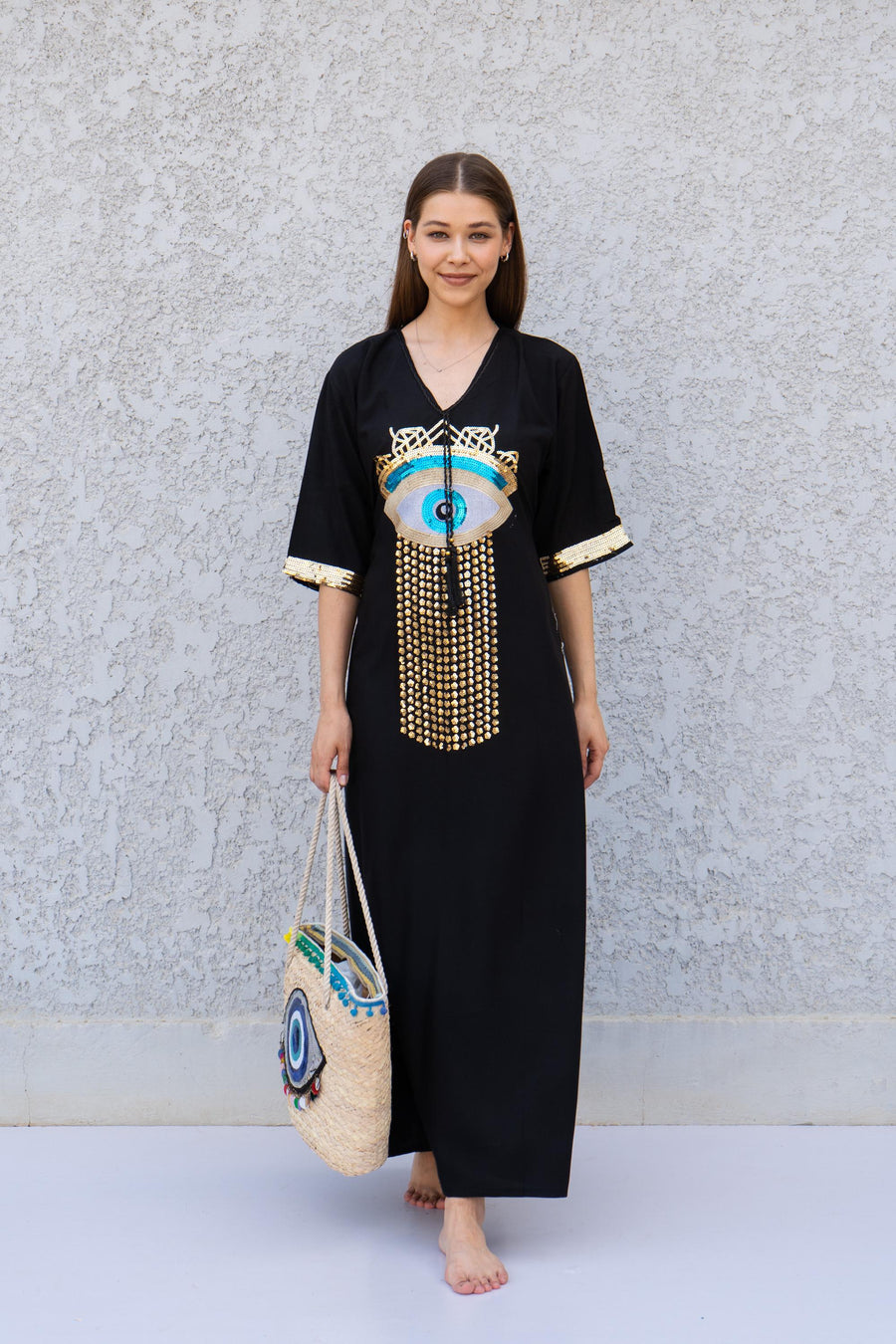 Black Evil Eye Kaftan Dress – Embroidered Maxi Caftan for Women – Greek Turkish Nazar Dress – Boho Resort Wear – Spiritual Protection Abaya
