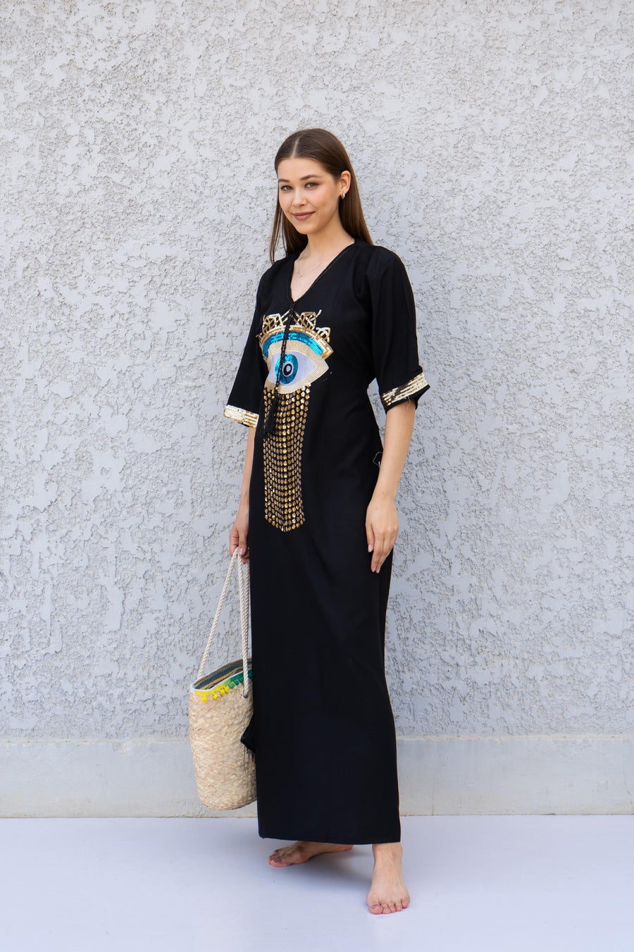 Black Evil Eye Kaftan Dress – Embroidered Maxi Caftan for Women – Greek Turkish Nazar Dress – Boho Resort Wear – Spiritual Protection Abaya