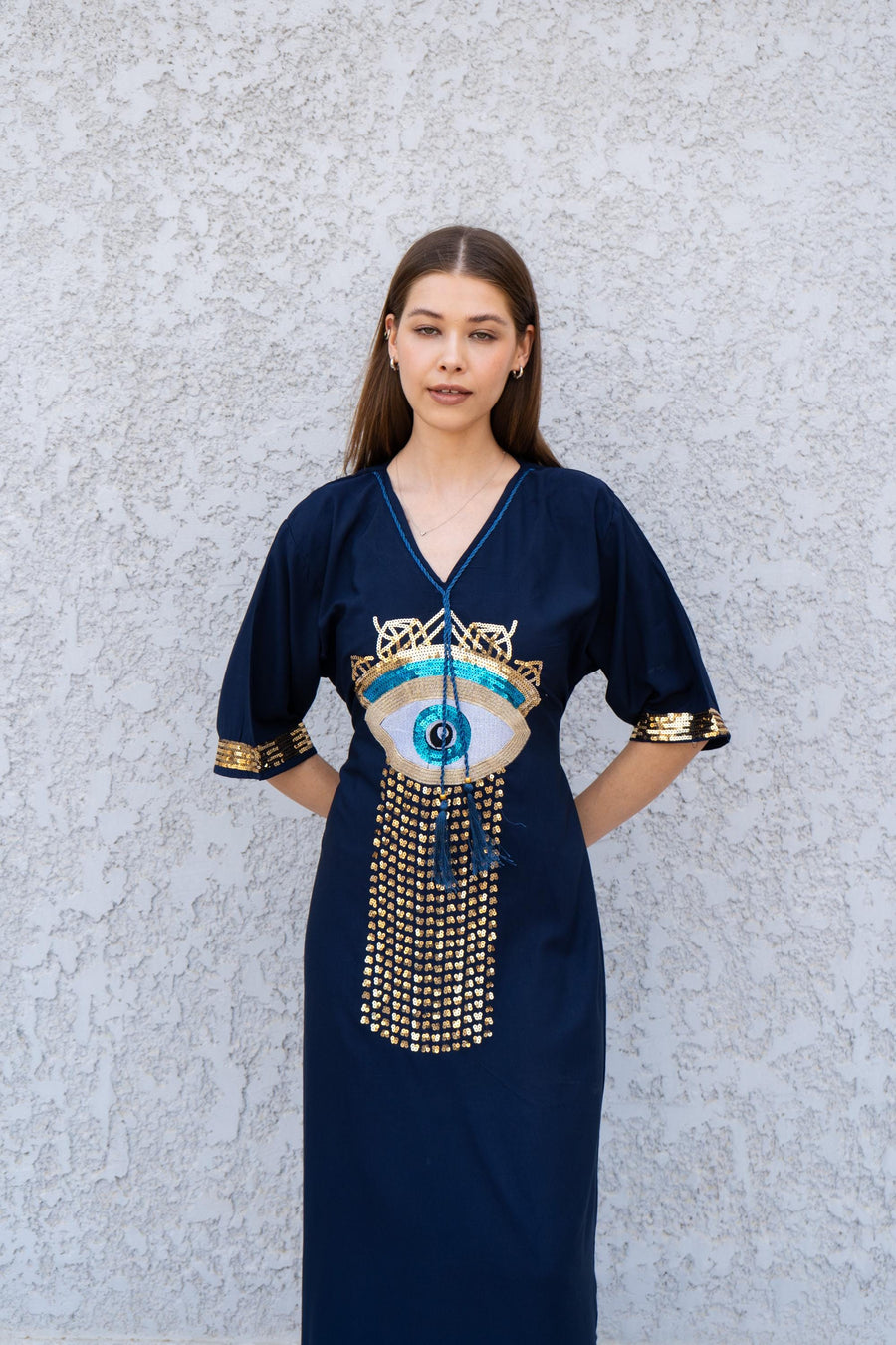 Navy Blue Evil Eye Kaftan Dress – Embroidered Maxi Caftan for Women – Greek Turkish Nazar Dress – Boho Resort Wear – Protection Caftan