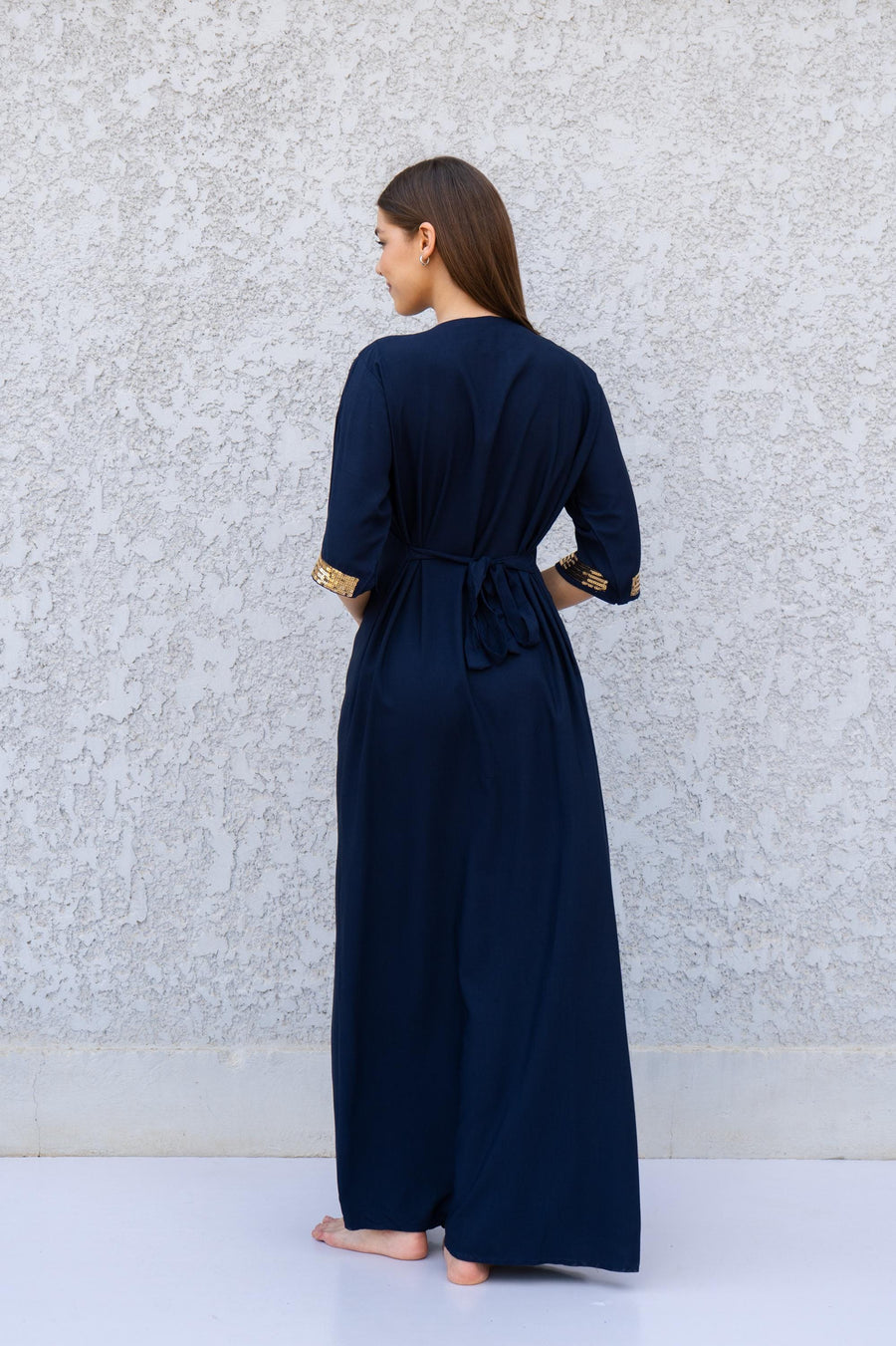 Navy Blue Evil Eye Kaftan Dress – Embroidered Maxi Caftan for Women – Greek Turkish Nazar Dress – Boho Resort Wear – Protection Caftan