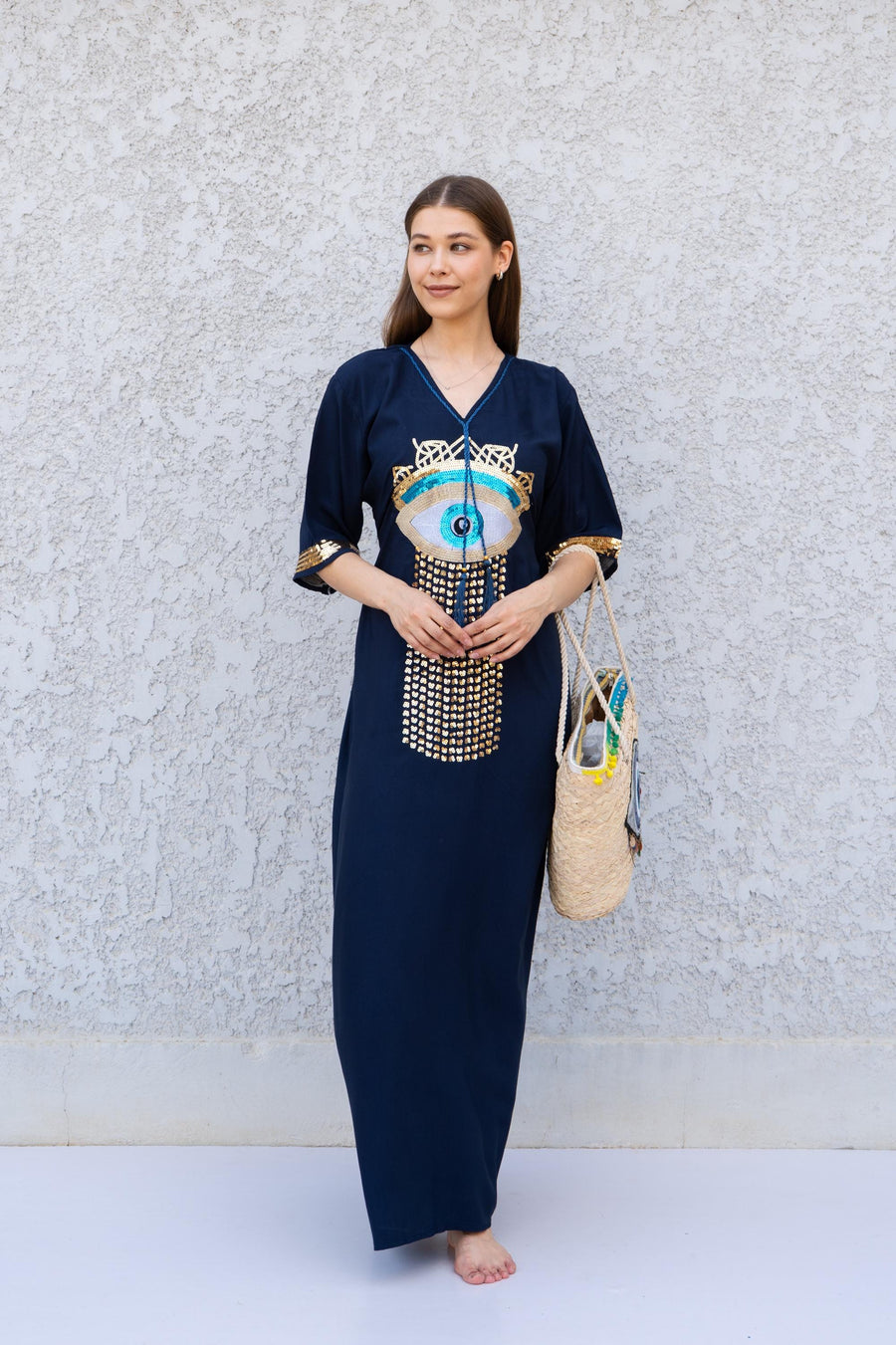 Navy Blue Evil Eye Kaftan Dress – Embroidered Maxi Caftan for Women – Greek Turkish Nazar Dress – Boho Resort Wear – Protection Caftan