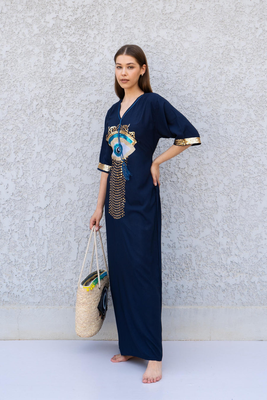 Navy Blue Evil Eye Kaftan Dress – Embroidered Maxi Caftan for Women – Greek Turkish Nazar Dress – Boho Resort Wear – Protection Caftan