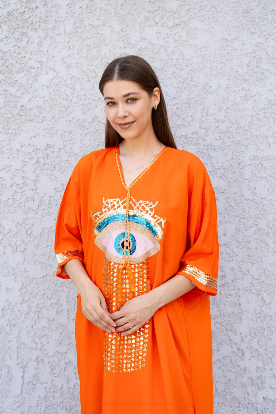 Orange Evil Eye Kaftan Dress – Embroidered Maxi Caftan for Women – Greek Turkish Nazar Dress – Boho Resort Wear – Spiritual Protection Abaya