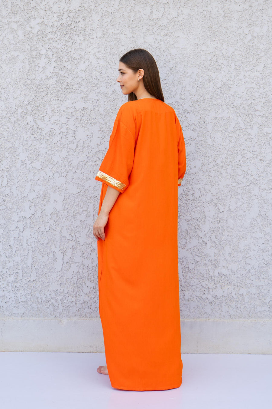 Orange Evil Eye Kaftan Dress – Embroidered Maxi Caftan for Women – Greek Turkish Nazar Dress – Boho Resort Wear – Spiritual Protection Abaya