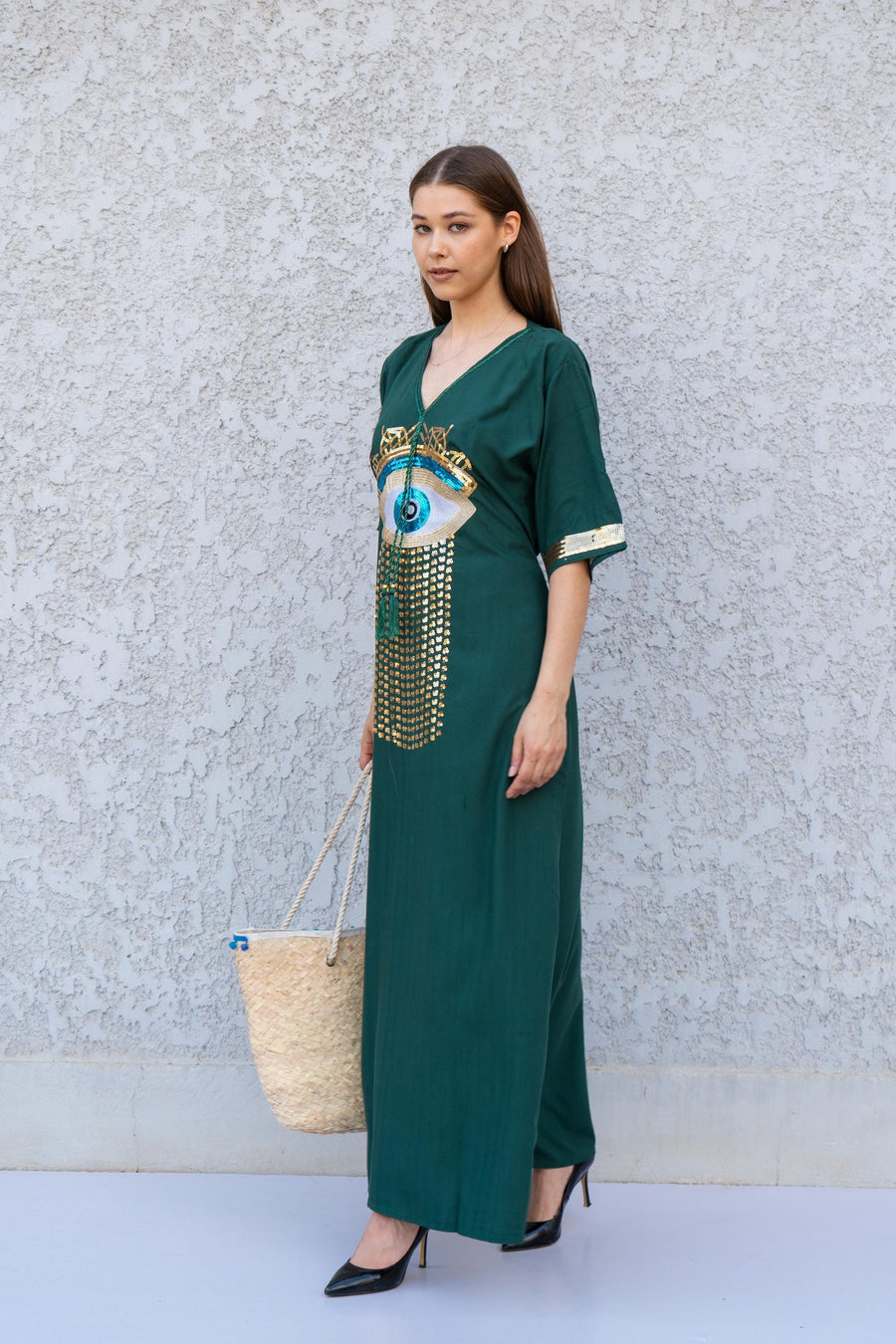 Green Evil Eye Kaftan Dress – Embroidered Maxi Caftan for Women – Greek Turkish Nazar Dress – Boho Resort Wear – Spiritual Protection Abaya