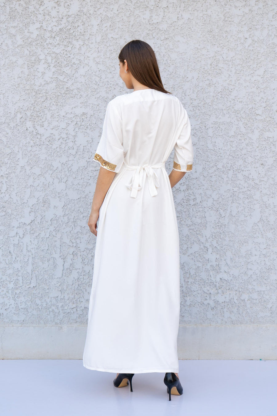 White Evil Eye Kaftan Dress – Embroidered Maxi Caftan for Women – Greek Turkish Nazar Dress – Boho Resort Wear – Spiritual Protection Abaya