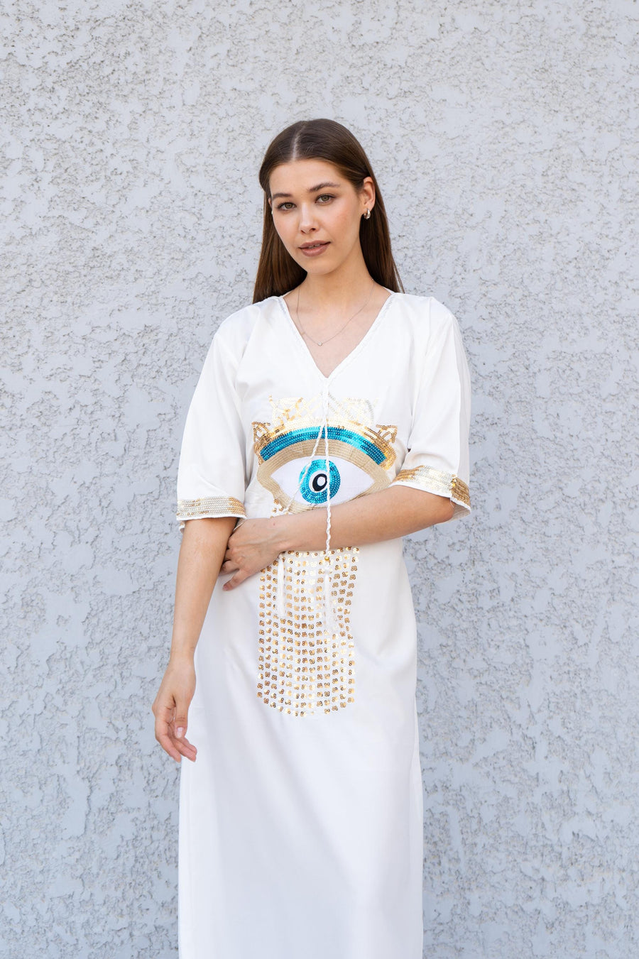 White Evil Eye Kaftan Dress – Embroidered Maxi Caftan for Women – Greek Turkish Nazar Dress – Boho Resort Wear – Spiritual Protection Abaya