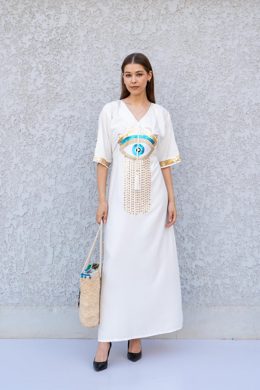 White Evil Eye Kaftan Dress – Embroidered Maxi Caftan for Women – Greek Turkish Nazar Dress – Boho Resort Wear – Spiritual Protection Abaya