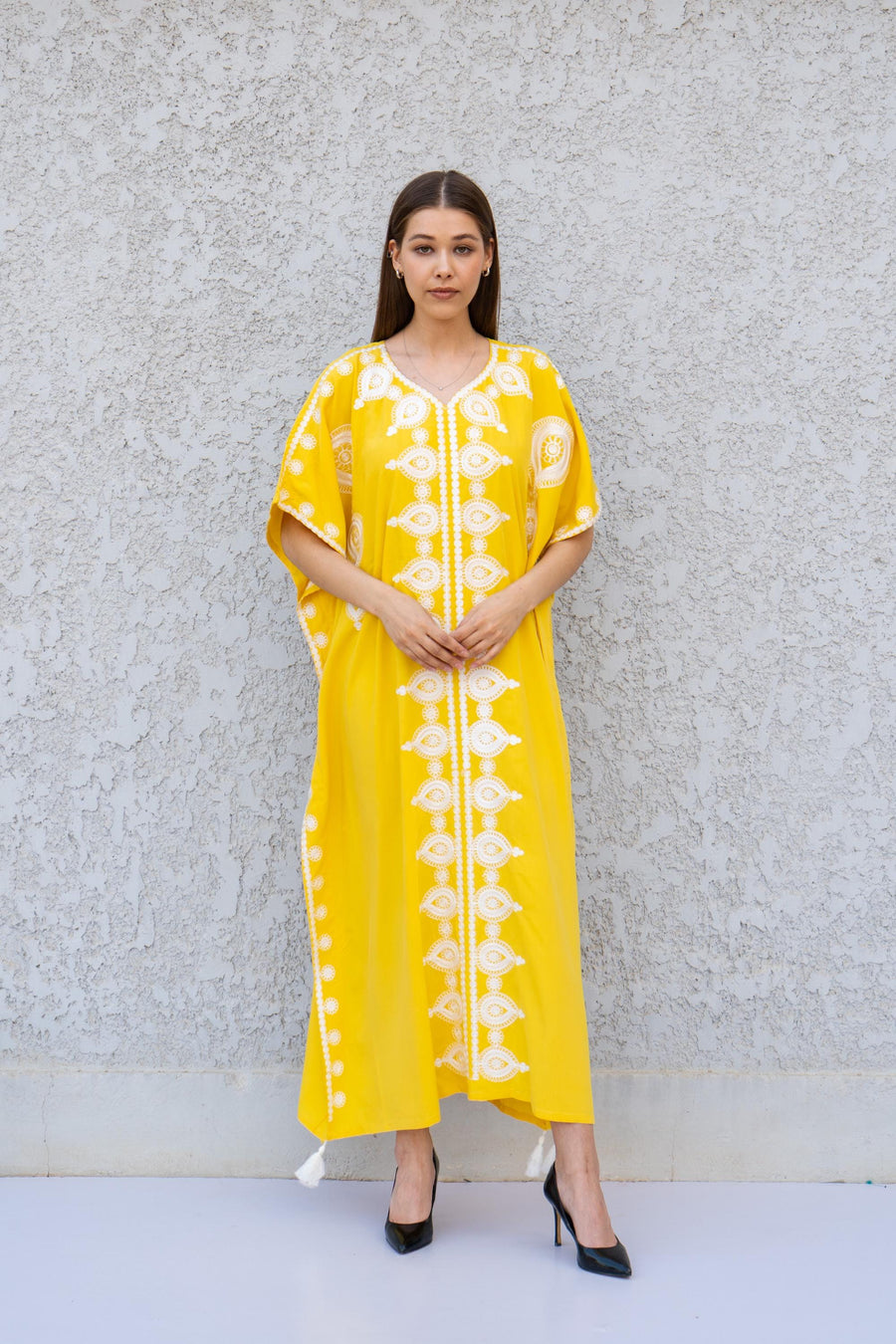 Yellow Boho Caftan Dress – Moroccan Embroidered Kaftan for Women – Loose Fit Maxi Dress – Ramadan Eid Abaya – Resort Wear Loungewear