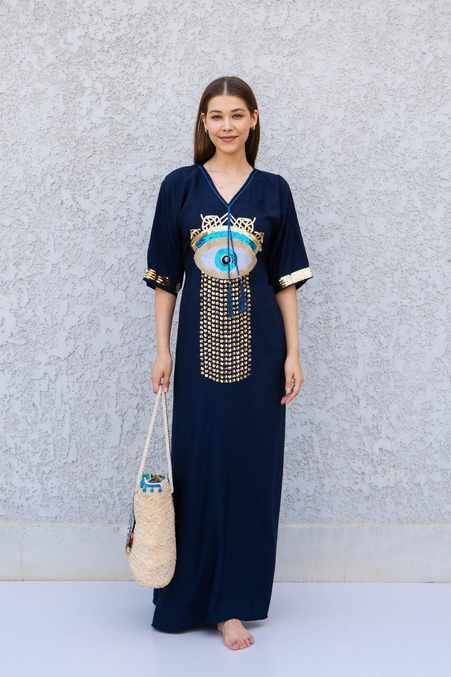 Navy Blue Evil Eye Kaftan Dress – Embroidered Maxi Caftan for Women – Greek Turkish Nazar Dress – Boho Resort Wear – Protection Caftan