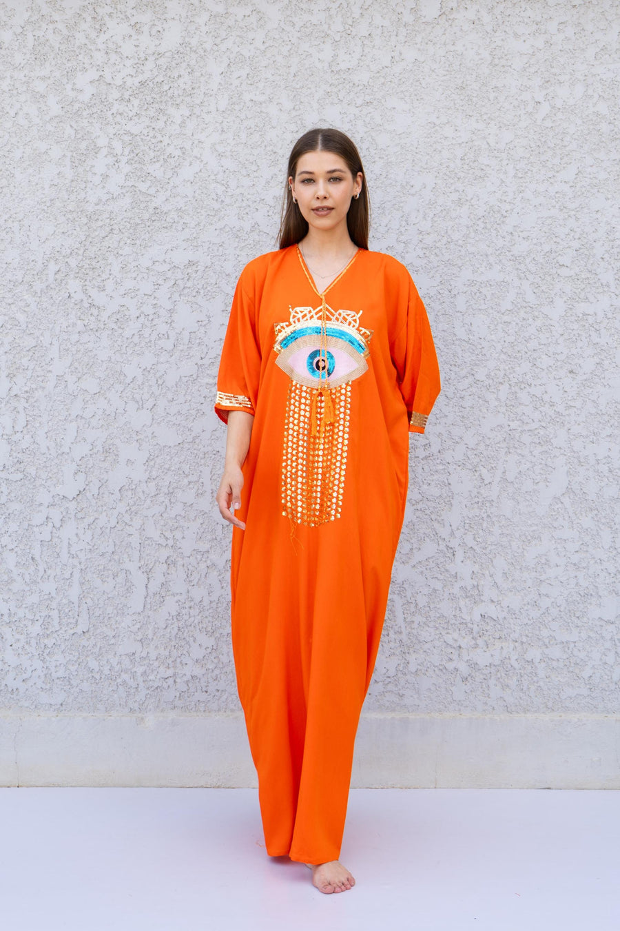 Orange Evil Eye Kaftan Dress – Embroidered Maxi Caftan for Women – Greek Turkish Nazar Dress – Boho Resort Wear – Spiritual Protection Abaya