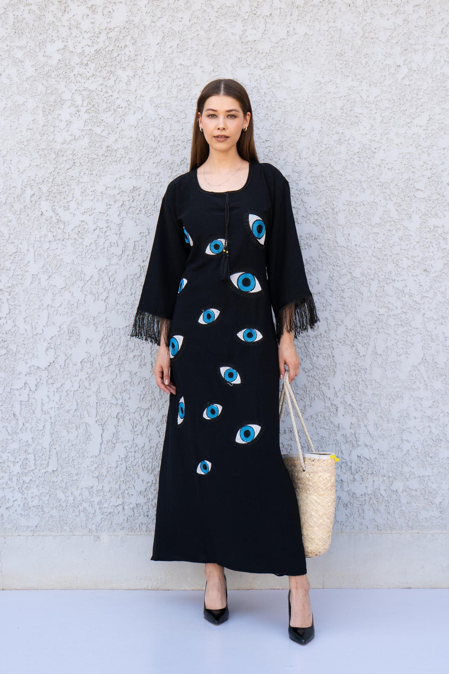 Black Evil Eye Caftan Dress – Embroidered Caftan for Women – Boho Maxi Kaftan – Evil Eye Dress – Modest Resort Wear – Caftans for women