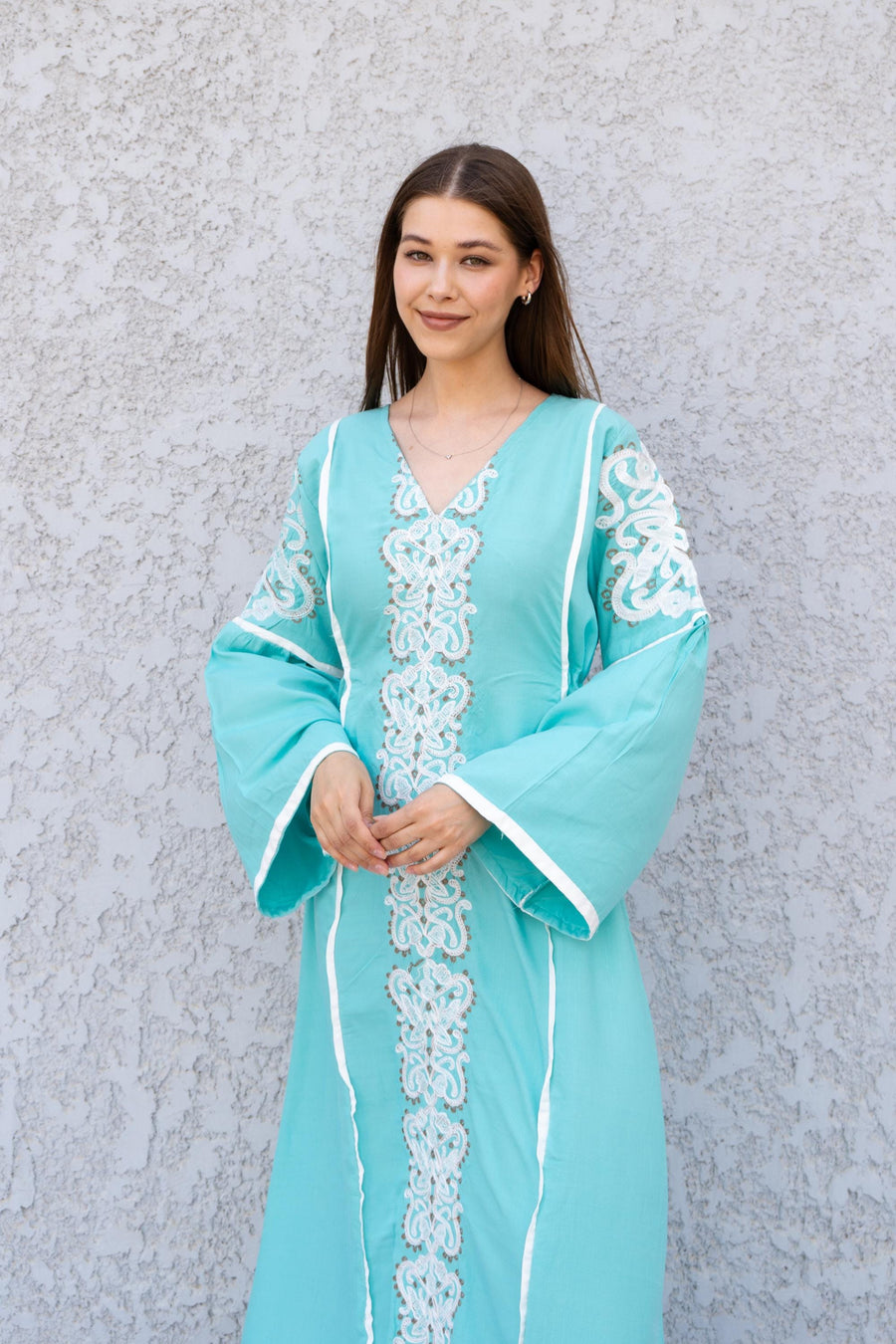 Turquoise Linen Kaftan Maxi Dress – Embroidered Caftan for Women – Boho Long Sleeve Caftan – Moroccan Style Dress – Summer Caftans
