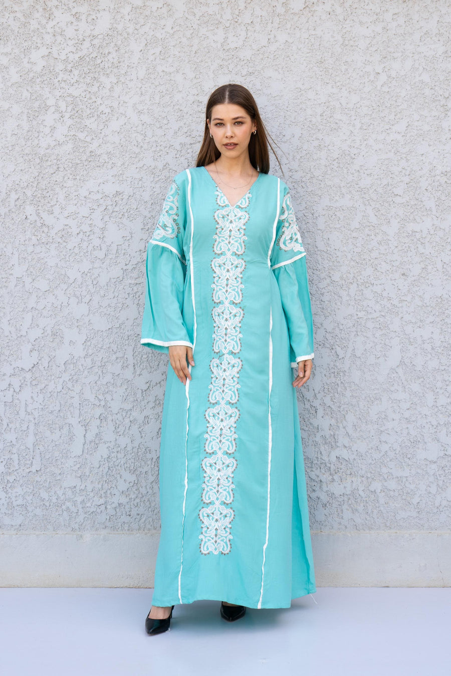 Turquoise Linen Kaftan Maxi Dress – Embroidered Caftan for Women – Boho Long Sleeve Caftan – Moroccan Style Dress – Summer Caftans