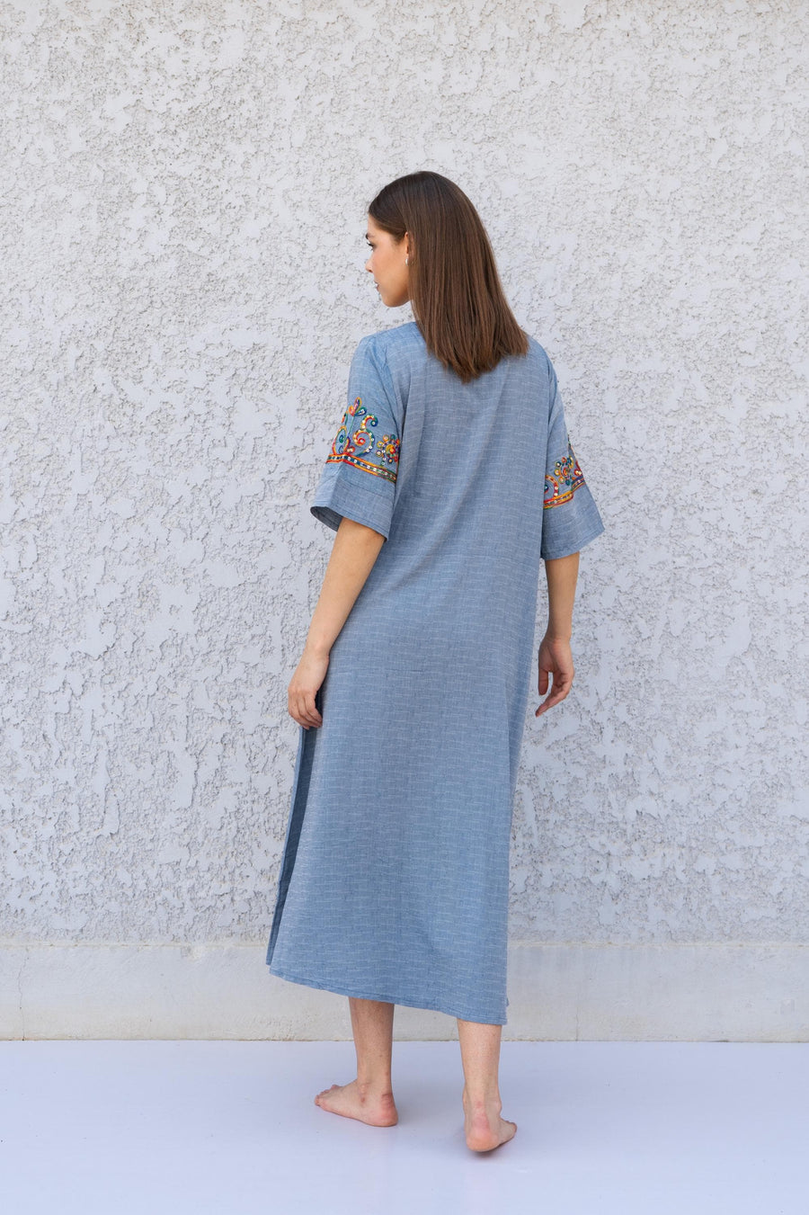 Blue Linen Kaftan Dress with Sequins – Embroidered Caftan for Women – Short Sleeve Maxi Dress – Lightweight Summer Caftans – Lounge Wear