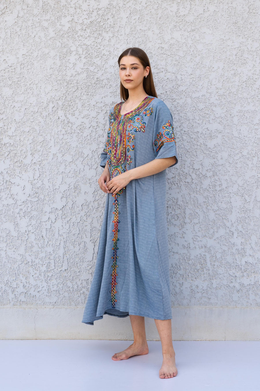 Blue Linen Kaftan Dress with Sequins – Embroidered Caftan for Women – Short Sleeve Maxi Dress – Lightweight Summer Caftans – Lounge Wear