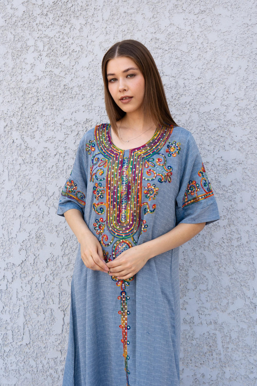 Blue Linen Kaftan Dress with Sequins – Embroidered Caftan for Women – Short Sleeve Maxi Dress – Lightweight Summer Caftans – Lounge Wear