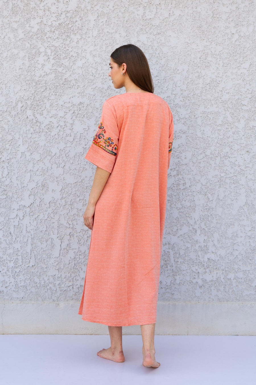 Orange Linen Kaftan Dress with Sequins – Embroidered Caftan for Women – Short Sleeve Maxi Dress – Lightweight Summer Caftans – Lounge Wear