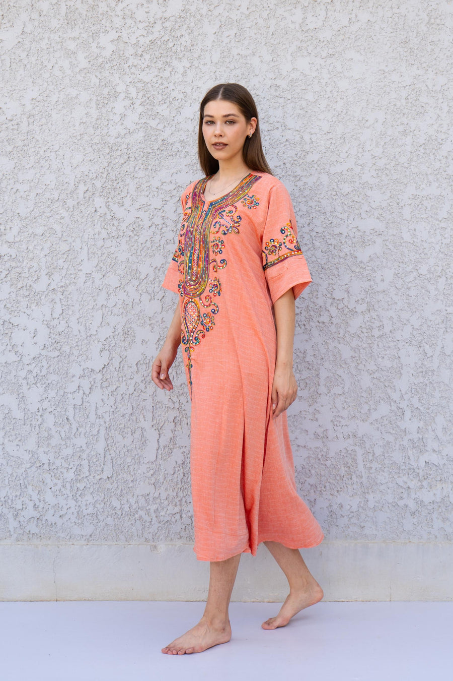 Orange Linen Kaftan Dress with Sequins – Embroidered Caftan for Women – Short Sleeve Maxi Dress – Lightweight Summer Caftans – Lounge Wear