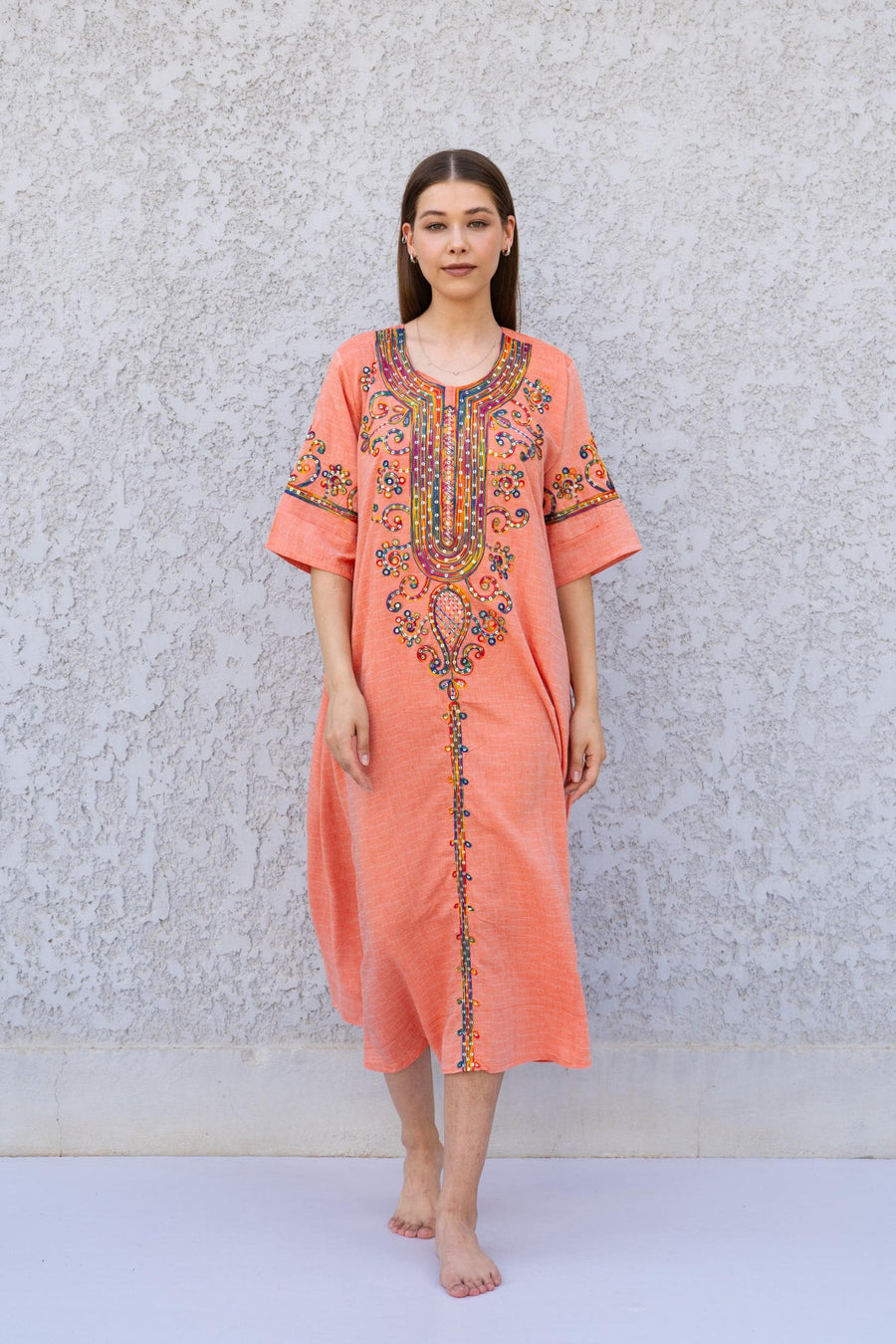 Orange Linen Kaftan Dress with Sequins – Embroidered Caftan for Women – Short Sleeve Maxi Dress – Lightweight Summer Caftans – Lounge Wear
