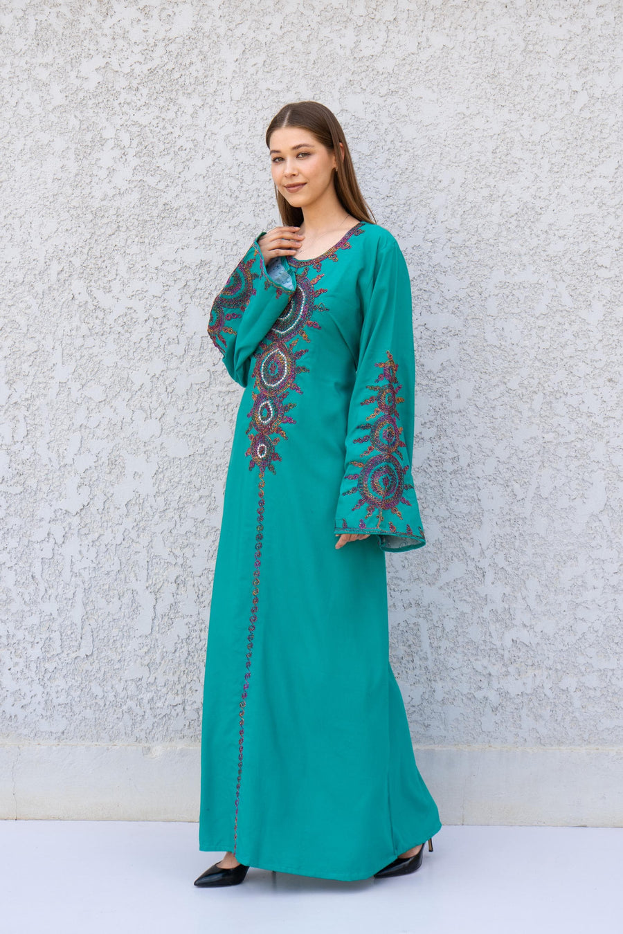 Hand Embroidered Teal Green Kaftan Dress – Artisan Caftan for Women – Long Sleeve Maxi Kaftan – Boho Abaya – Ethnic Caftans – Moroccan Style