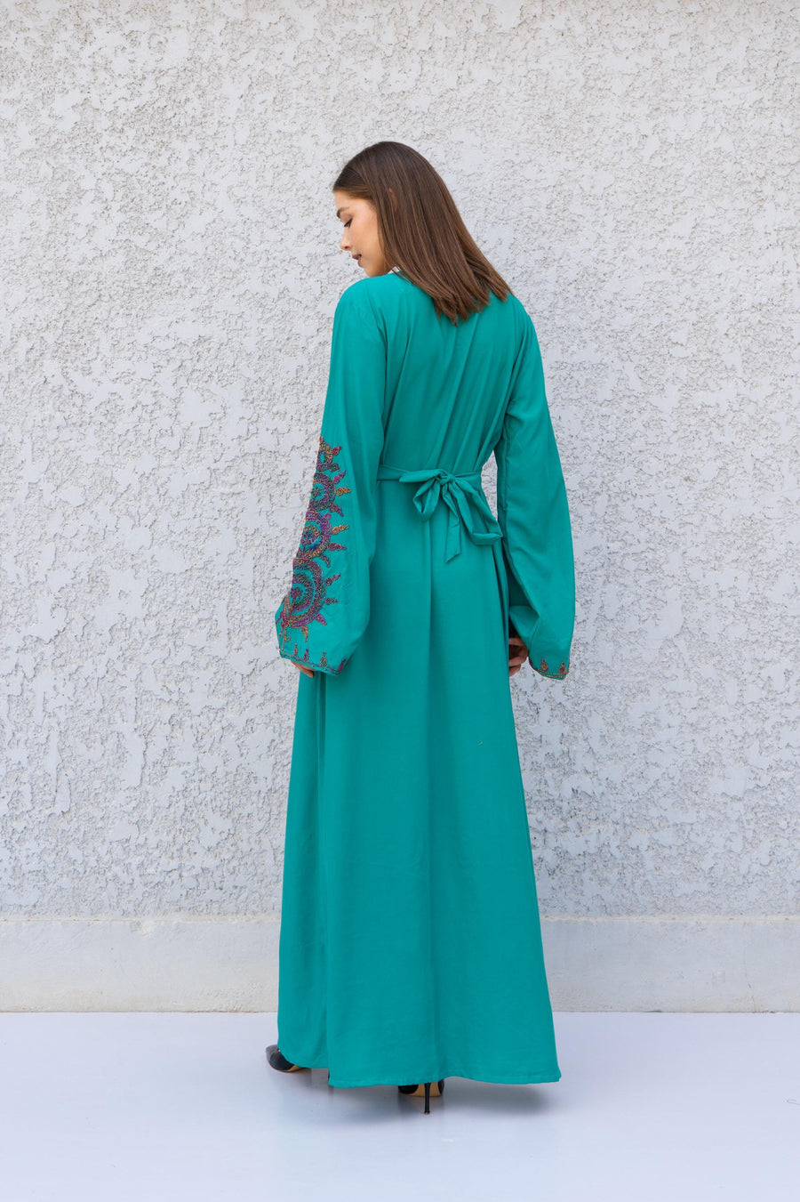 Hand Embroidered Teal Green Kaftan Dress – Artisan Caftan for Women – Long Sleeve Maxi Kaftan – Boho Abaya – Ethnic Caftans – Moroccan Style