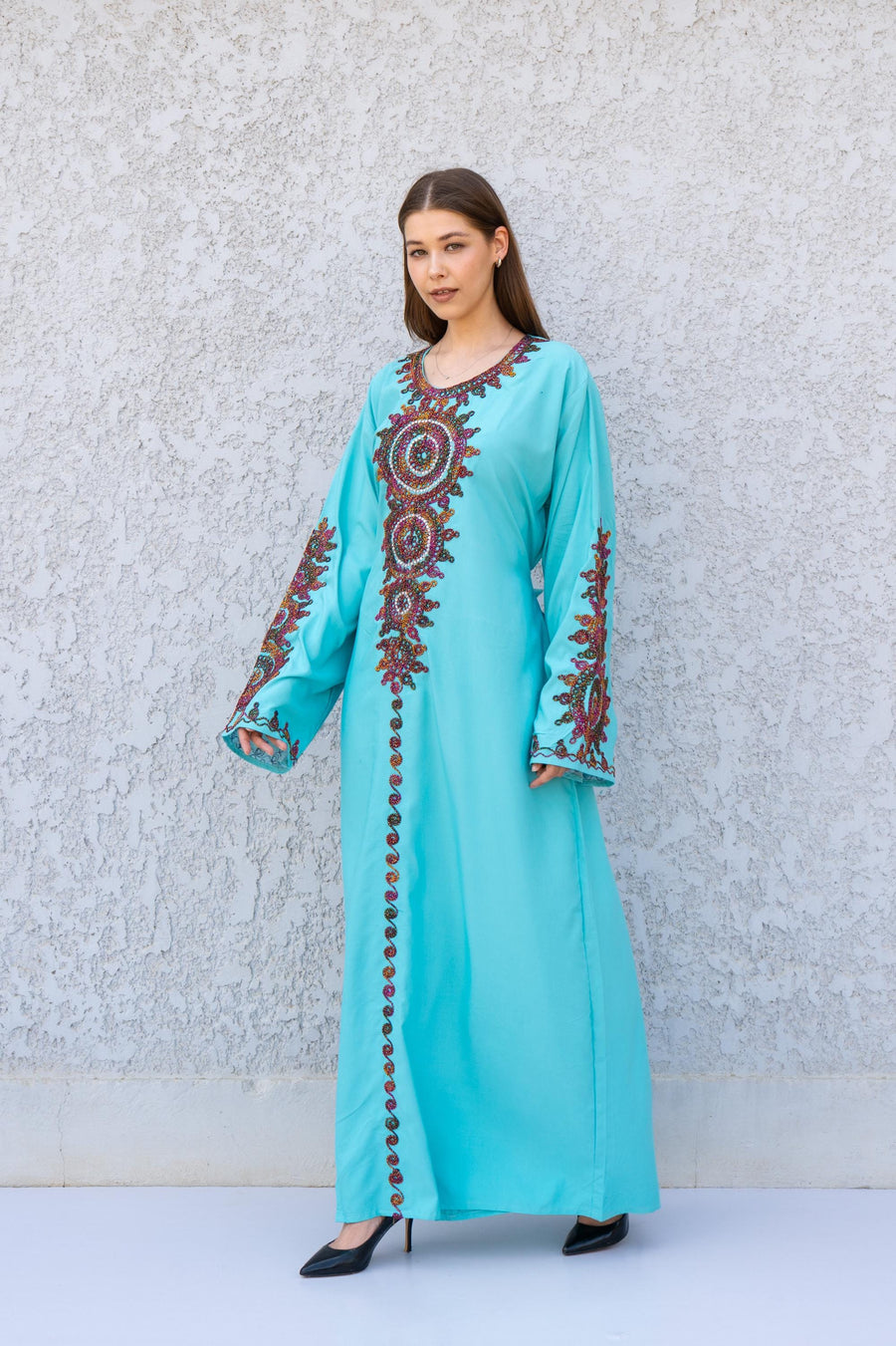 Hand Embroidered Turquoise Kaftan Dress – Artisan Caftan for Women – Long Sleeve Maxi Dress – Boho Abaya – Ethnic Women Caftans - Kaftans