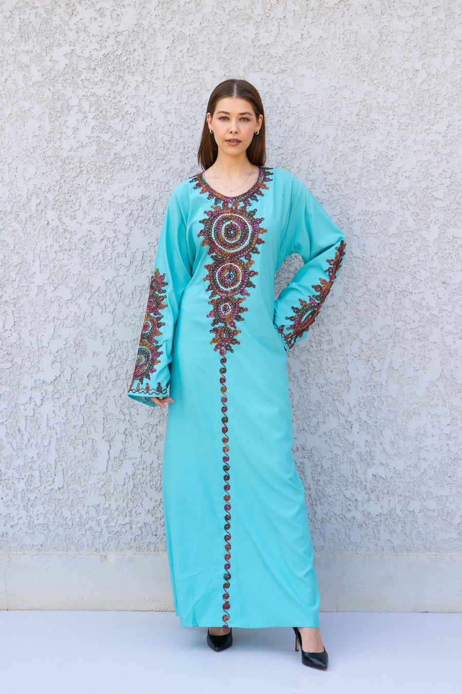 Hand Embroidered Turquoise Kaftan Dress – Artisan Caftan for Women – Long Sleeve Maxi Dress – Boho Abaya – Ethnic Women Caftans - Kaftans