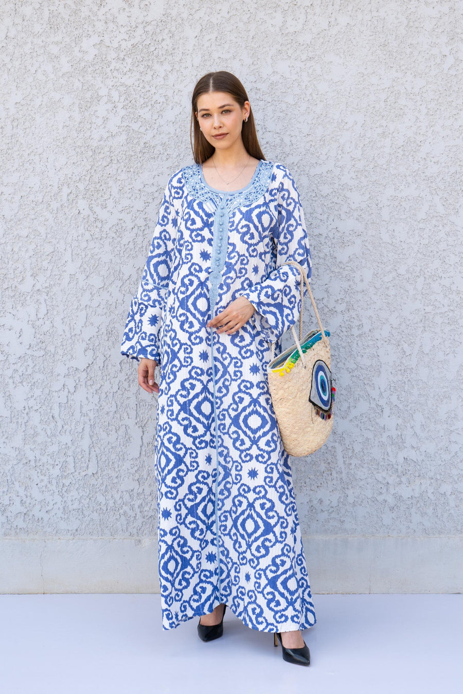 Blue Printed Kaftan Dress with Hand Embroidery – Flowy Linen-Look Caftan for Women – Lightweight Maxi Dress – Boho Resort Wear Caftans