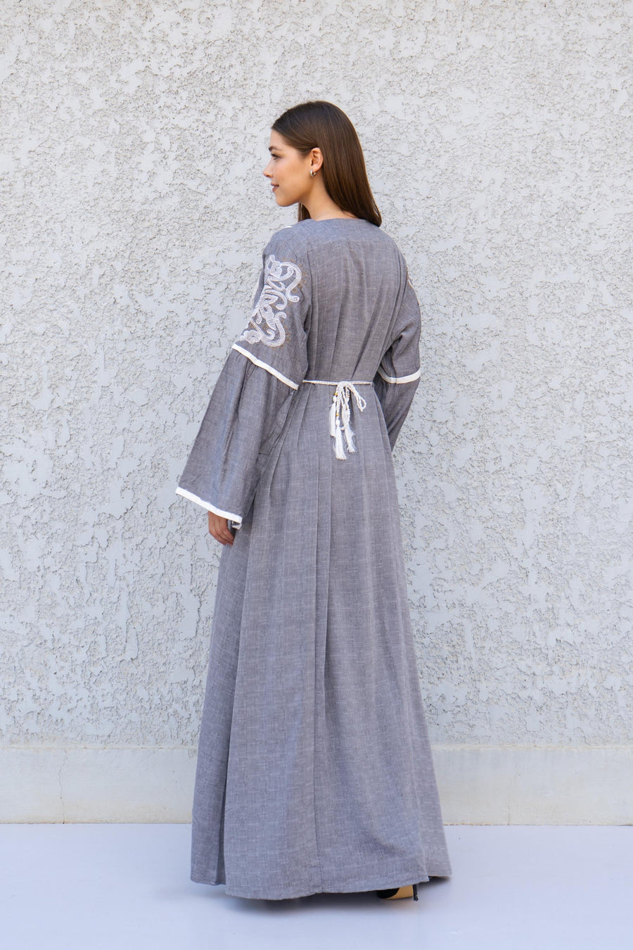 Grey Linen Kaftan Maxi Dress – Embroidered Caftan for Women – Boho Long Sleeve Caftan – Moroccan Style Dress – Summer Caftans