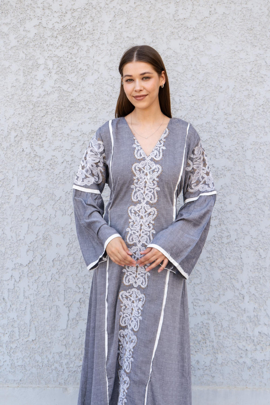 Grey Linen Kaftan Maxi Dress – Embroidered Caftan for Women – Boho Long Sleeve Caftan – Moroccan Style Dress – Summer Caftans