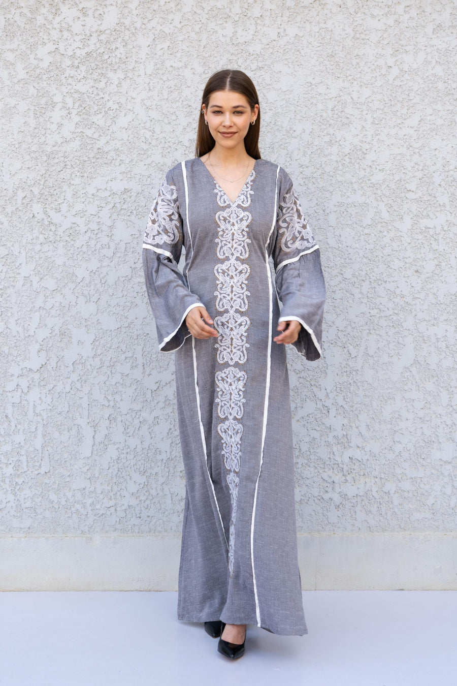 Grey Linen Kaftan Maxi Dress – Embroidered Caftan for Women – Boho Long Sleeve Caftan – Moroccan Style Dress – Summer Caftans
