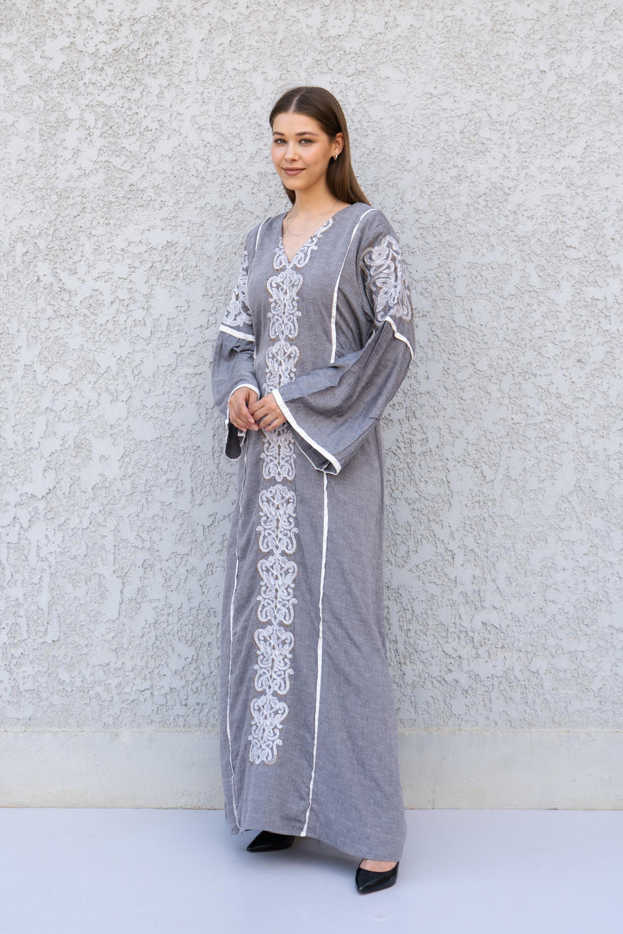 Grey Linen Kaftan Maxi Dress – Embroidered Caftan for Women – Boho Long Sleeve Caftan – Moroccan Style Dress – Summer Caftans