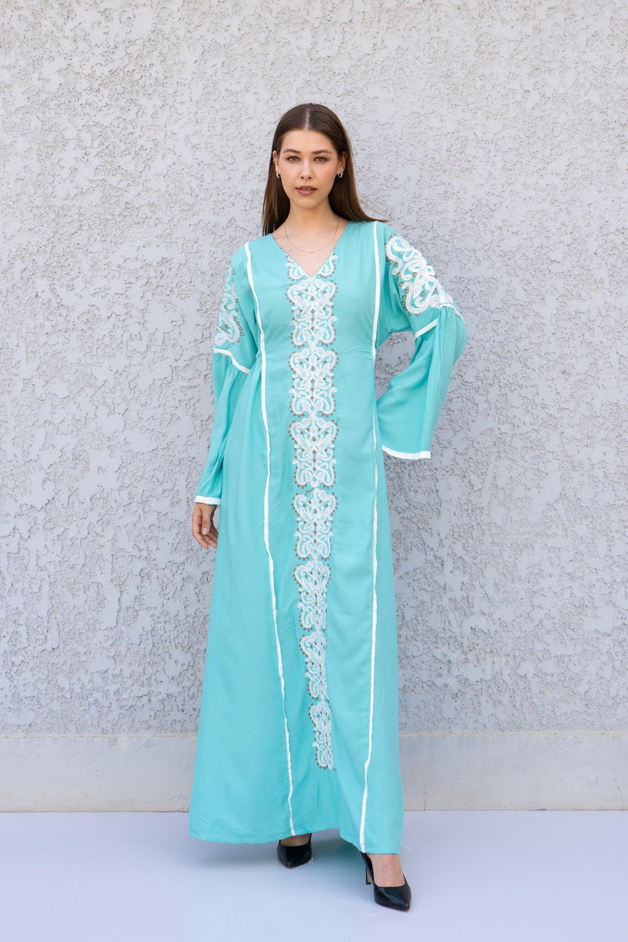 Turquoise Linen Kaftan Maxi Dress – Embroidered Caftan for Women – Boho Long Sleeve Caftan – Moroccan Style Dress – Summer Caftans