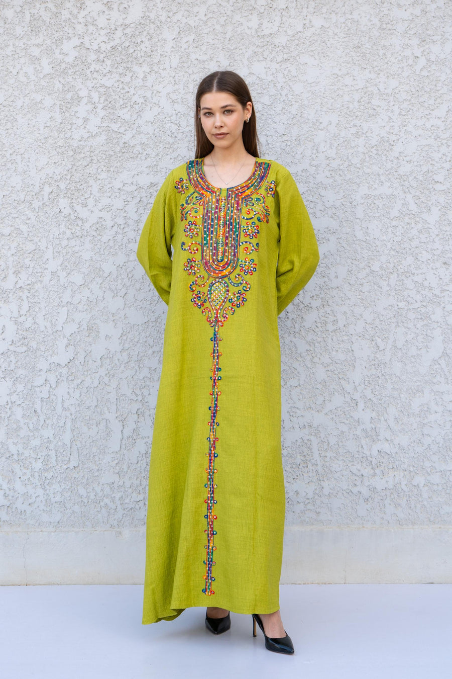 Green Linen Kaftan Dress – Embroidered Caftan for Women – Long Sleeve Maxi Dress – Lightweight Boho Caftan – Moroccan Style Linen Dress