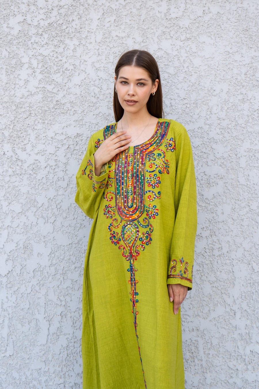 Green Linen Kaftan Dress – Embroidered Caftan for Women – Long Sleeve Maxi Dress – Lightweight Boho Caftan – Moroccan Style Linen Dress