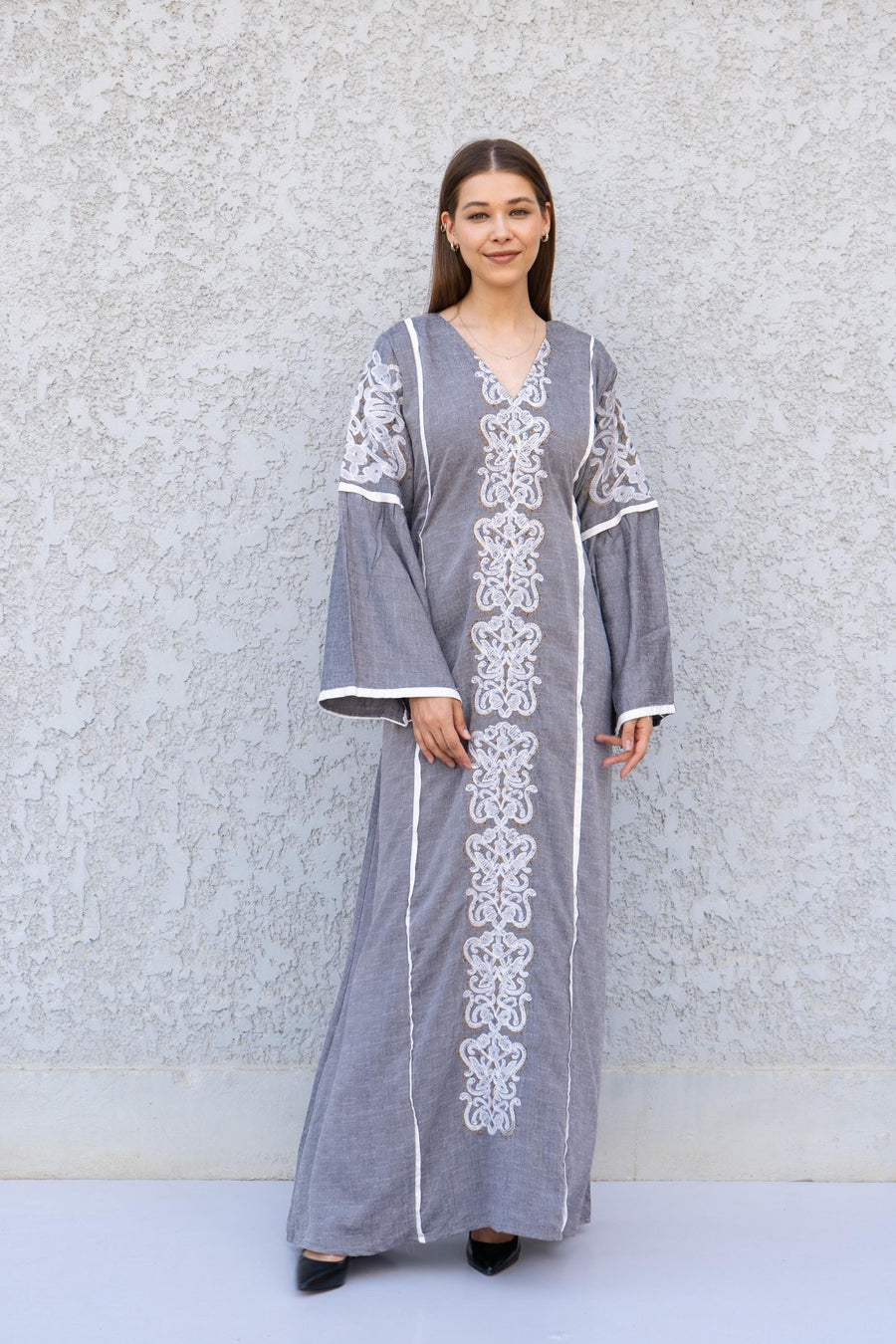 Grey Linen Kaftan Maxi Dress – Embroidered Caftan for Women – Boho Long Sleeve Caftan – Moroccan Style Dress – Summer Caftans