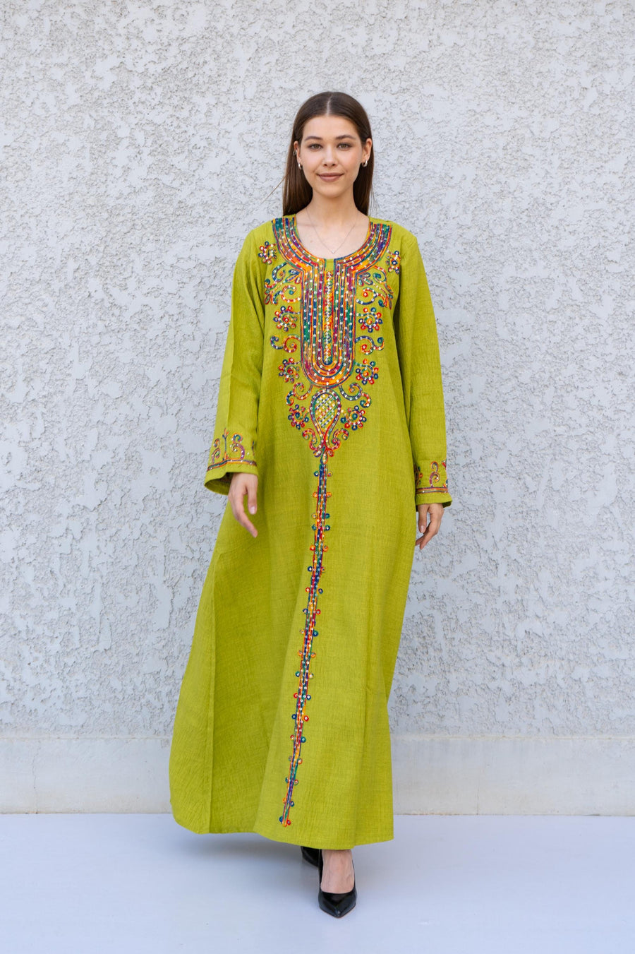 Green Linen Kaftan Dress – Embroidered Caftan for Women – Long Sleeve Maxi Dress – Lightweight Boho Caftan – Moroccan Style Linen Dress