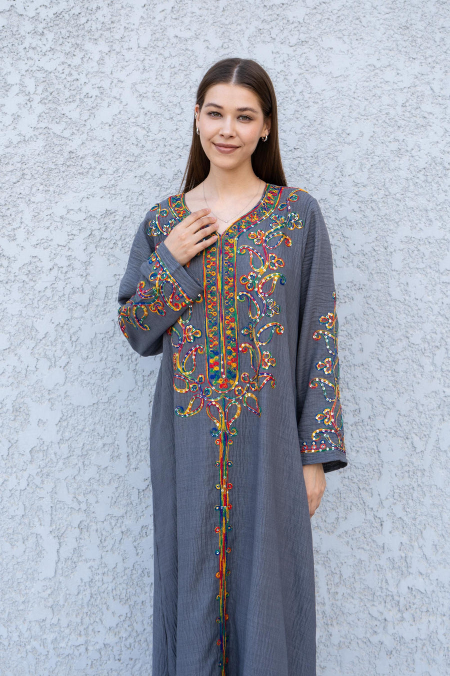 Grey Embroidered Kaftan Dress – Linen Blend Caftan for Women – Long Sleeve Maxi Kafan – Boho Moroccan Style Caftans – Lightweight Kaftan