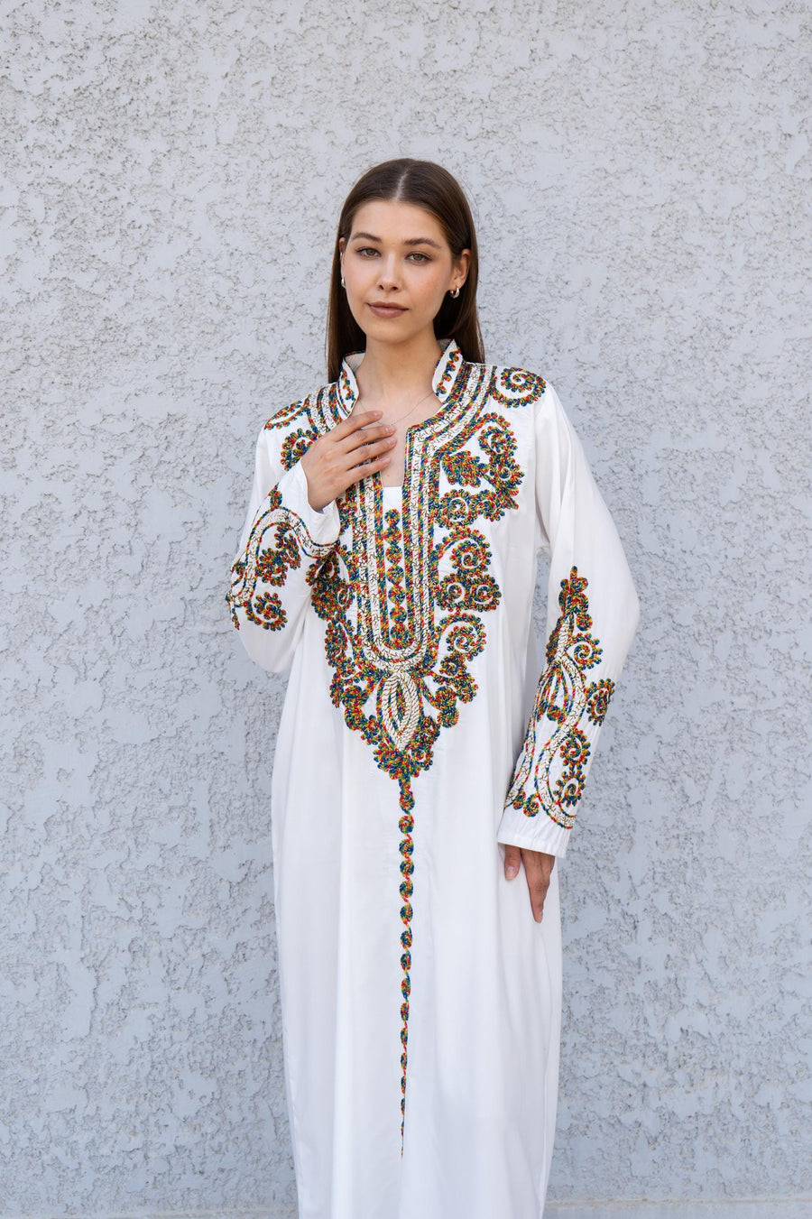 White Hand Embroidered Kaftan Dress – Cotton Blend Caftan for Women – Long Sleeve Maxi Dress – Boho Ethnic Caftans – Moroccan Style Dress