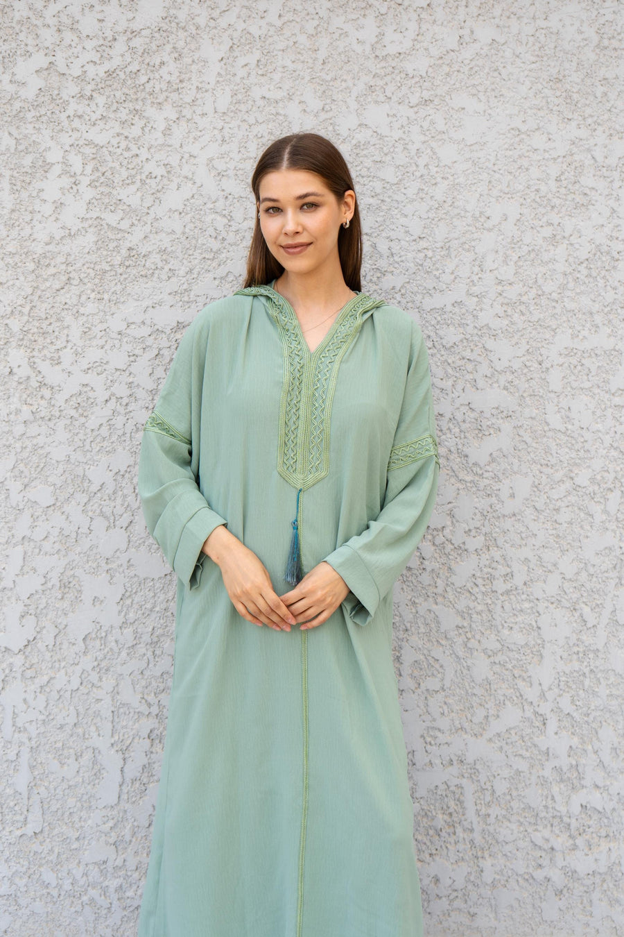 Chic Turquoise Turquoise Hooded Kaftan Dress – Hand Embroidered Linen-Look Caftan for Women – Flowy Caftan – Boho Moroccan Caftan
