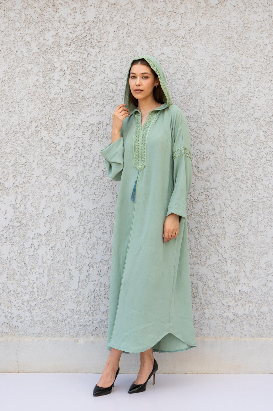 Chic Turquoise Turquoise Hooded Kaftan Dress – Hand Embroidered Linen-Look Caftan for Women – Flowy Caftan – Boho Moroccan Caftan