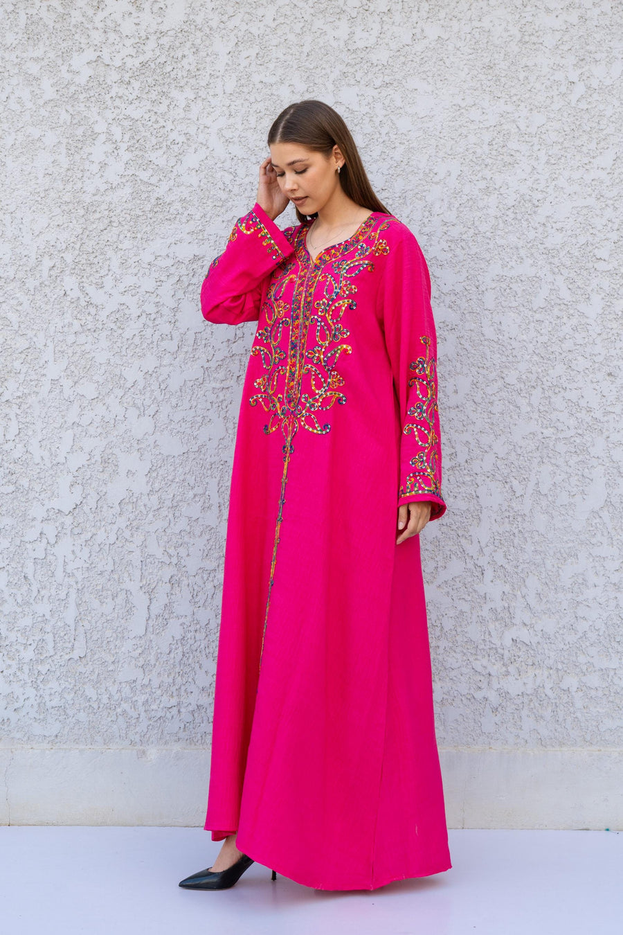 Fuchsia Embroidered Kaftan Dress – Linen Blend Caftan for Women – Long Sleeve Maxi Dress – Boho Moroccan Style Caftans – Lightweight Kaftan