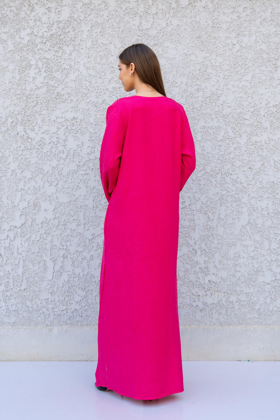 Fuchsia Embroidered Kaftan Dress – Linen Blend Caftan for Women – Long Sleeve Maxi Dress – Boho Moroccan Style Caftans – Lightweight Kaftan