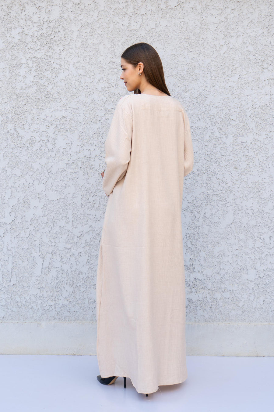Beige Embroidered Kaftan Dress – Linen Blend Caftan for Women – Long Sleeve Maxi Dress – Boho Moroccan Style Caftans – Lightweight Caftan