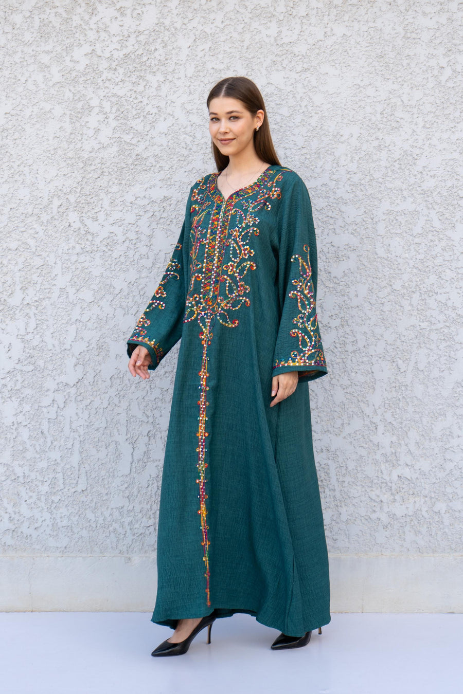 Green Embroidered Kaftan Dress – Linen Blend Caftan for Women – Long Sleeve Maxi Dress – Boho Moroccan Style Caftans – Lightweight Kaftan