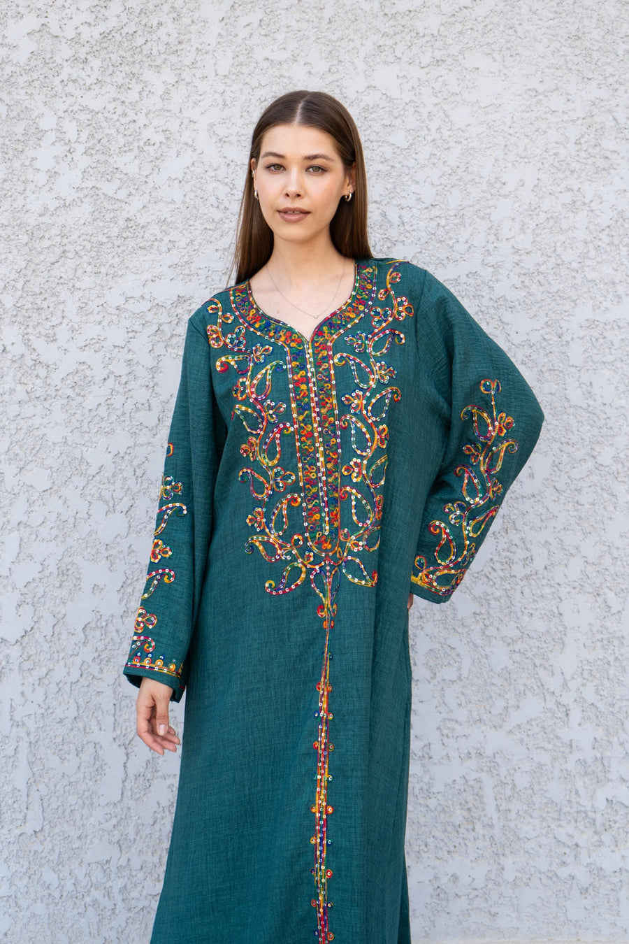 Green Embroidered Kaftan Dress – Linen Blend Caftan for Women – Long Sleeve Maxi Dress – Boho Moroccan Style Caftans – Lightweight Kaftan