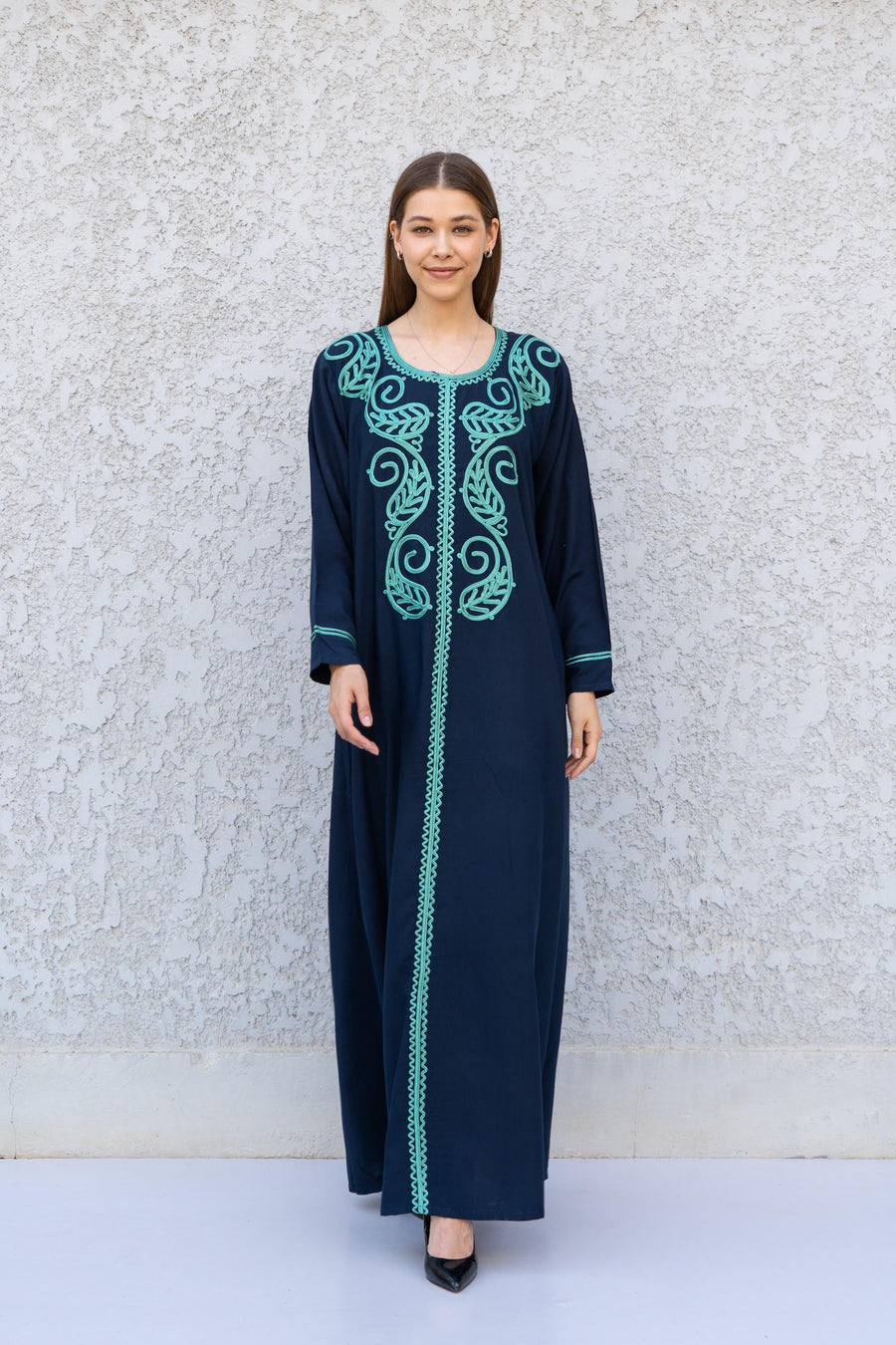 Navy Kaftan Dress with Hand Embroidery – Cotton Blend Caftan for Women – Long Sleeve Maxi Dress – Elegant Boho Caftans – Moroccan Caftan